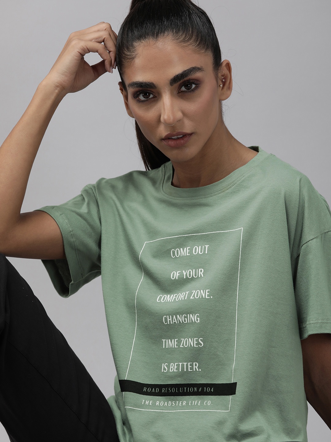 

Roadster Women Sage Green & White Typography Printed Pure Cotton Boxy T-shirt