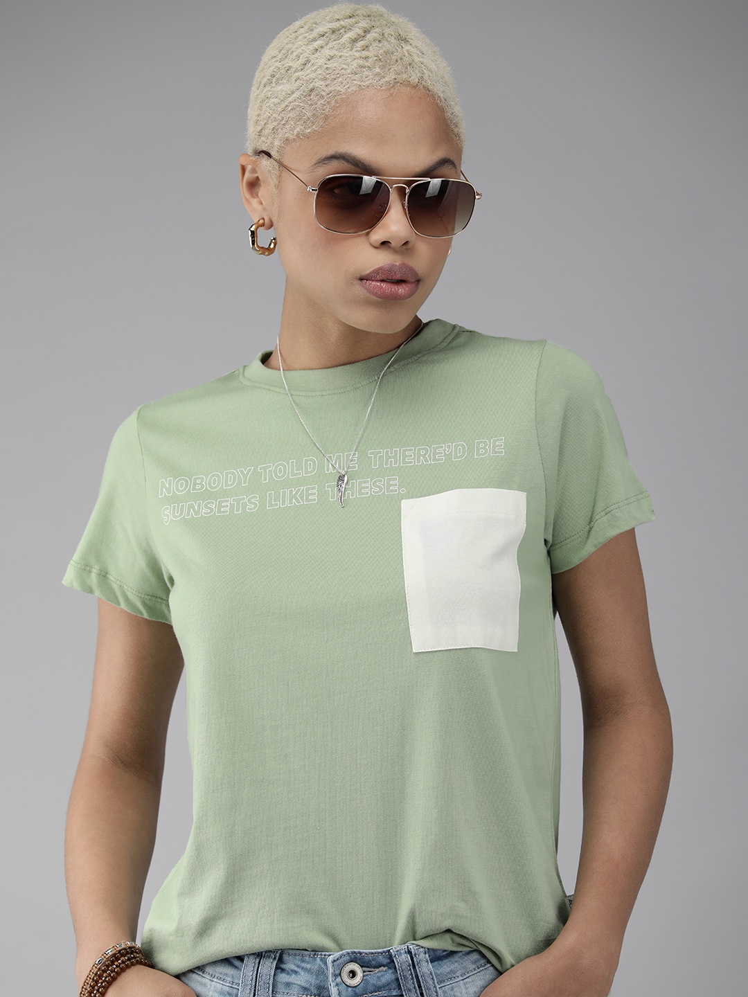 

The Roadster Lifestyle Co Women Mint Green Typography Printed Pure Cotton T-shirt