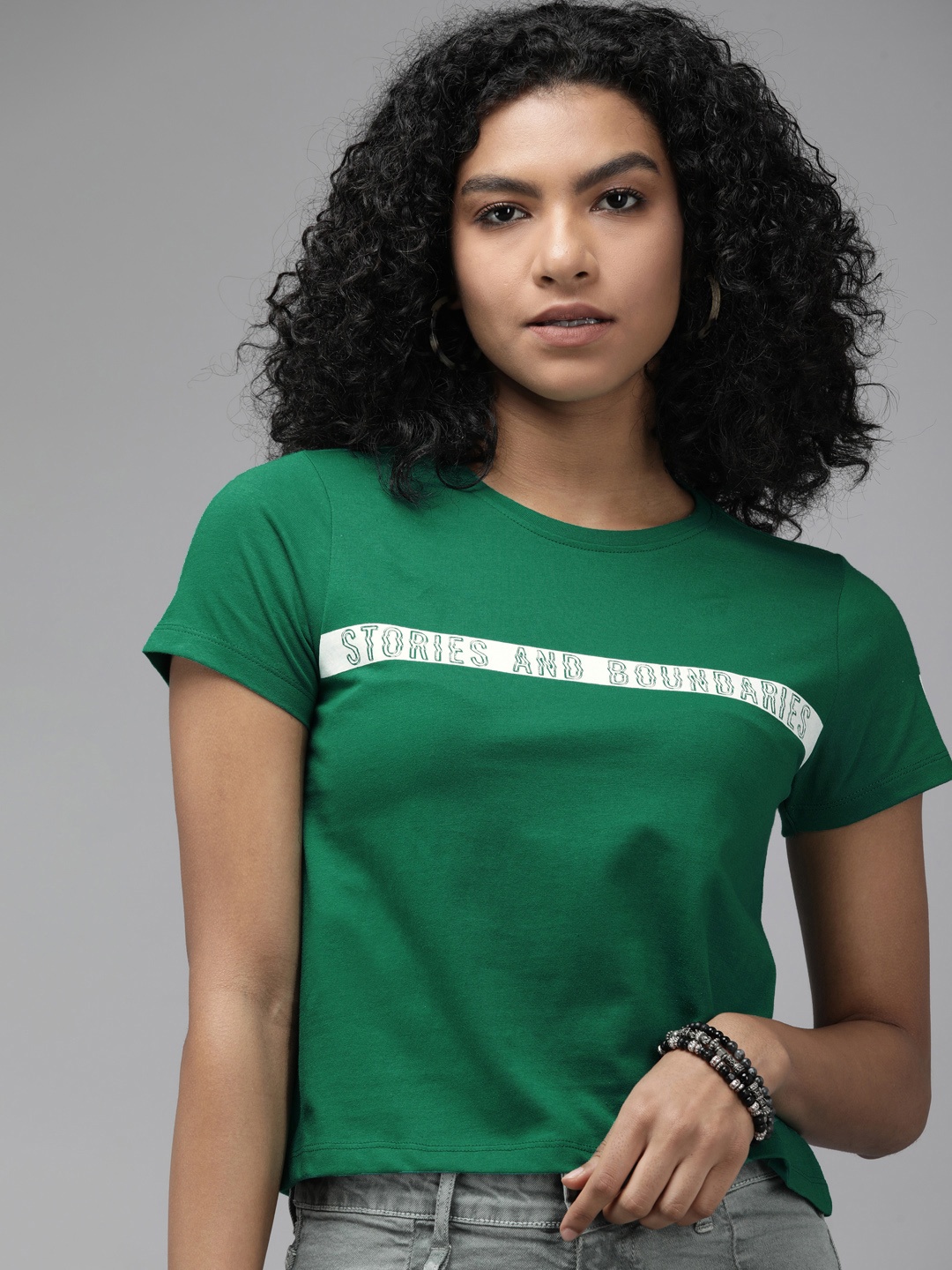 

Roadster Women Green & White Typography Printed Pure Cotton T-shirt