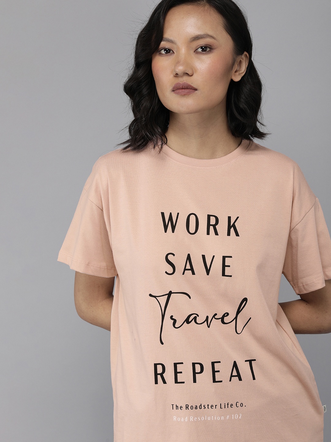 

Roadster Women Peach-Coloured Typography Printed Boxy Pure Cotton T-shirt