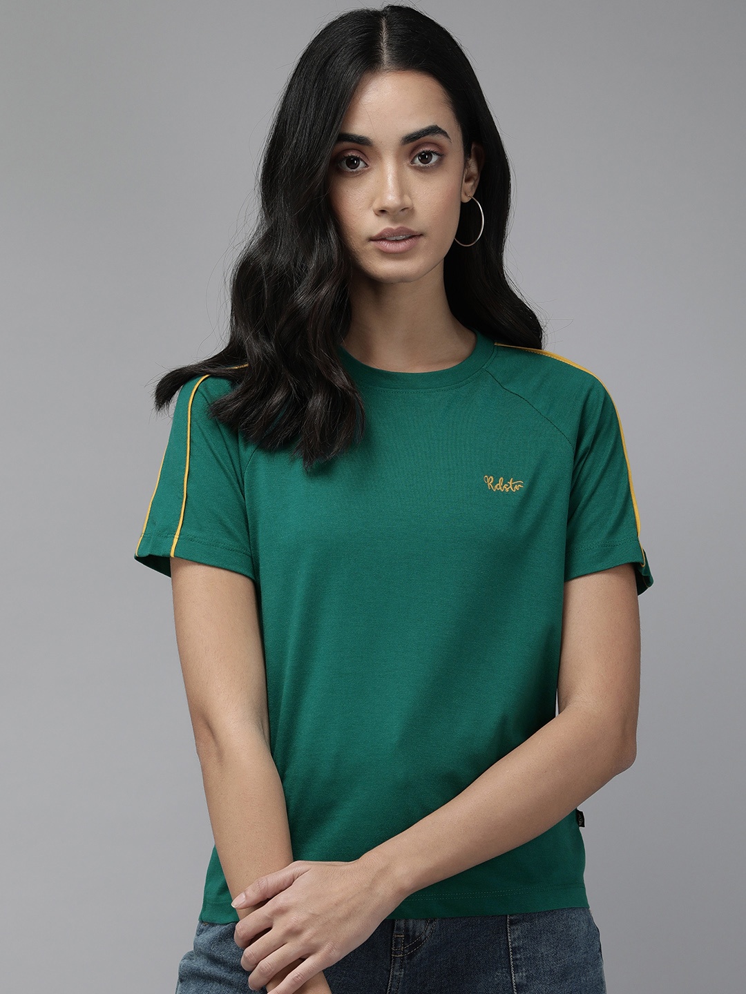 

Roadster Women Green Pure Cotton T-shirt with Piping Detail