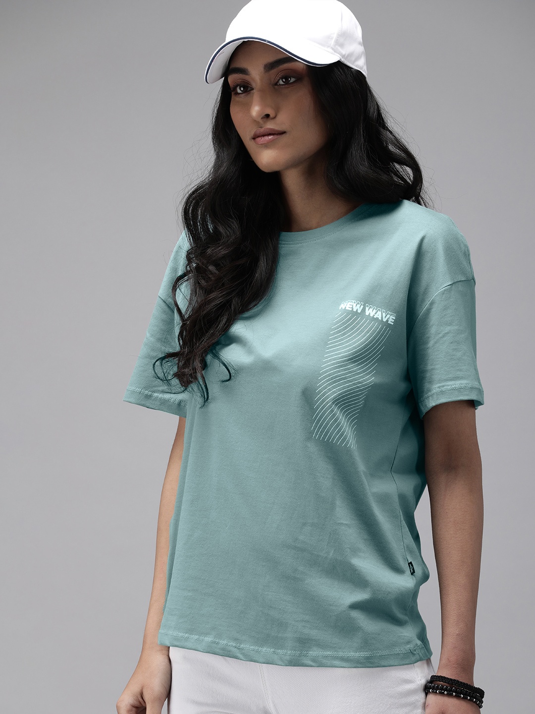 

The Roadster Lifestyle Co Women Green & White Printed Extended Sleeves T-shirt