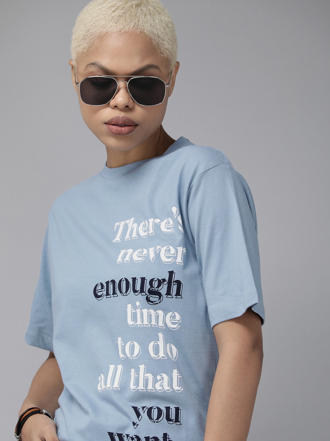 

The Roadster Lifestyle Co. Women Blue Typography Printed Pure Cotton Boxy T-shirt