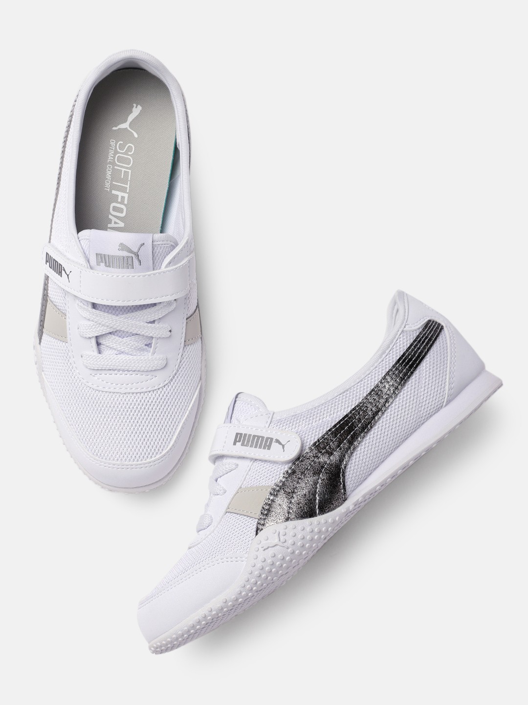 

Puma Women White & Silver-Toned Solid SoftFoam+ Bella V Raw Metallics Regular Sneakers