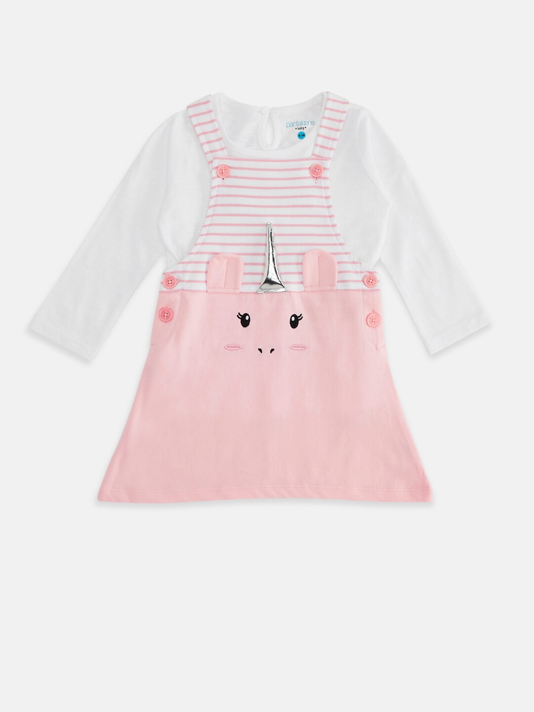 

Pantaloons Baby Infant Girls Printed Pure Cotton T-shirt with Dungaree Dress, Pink