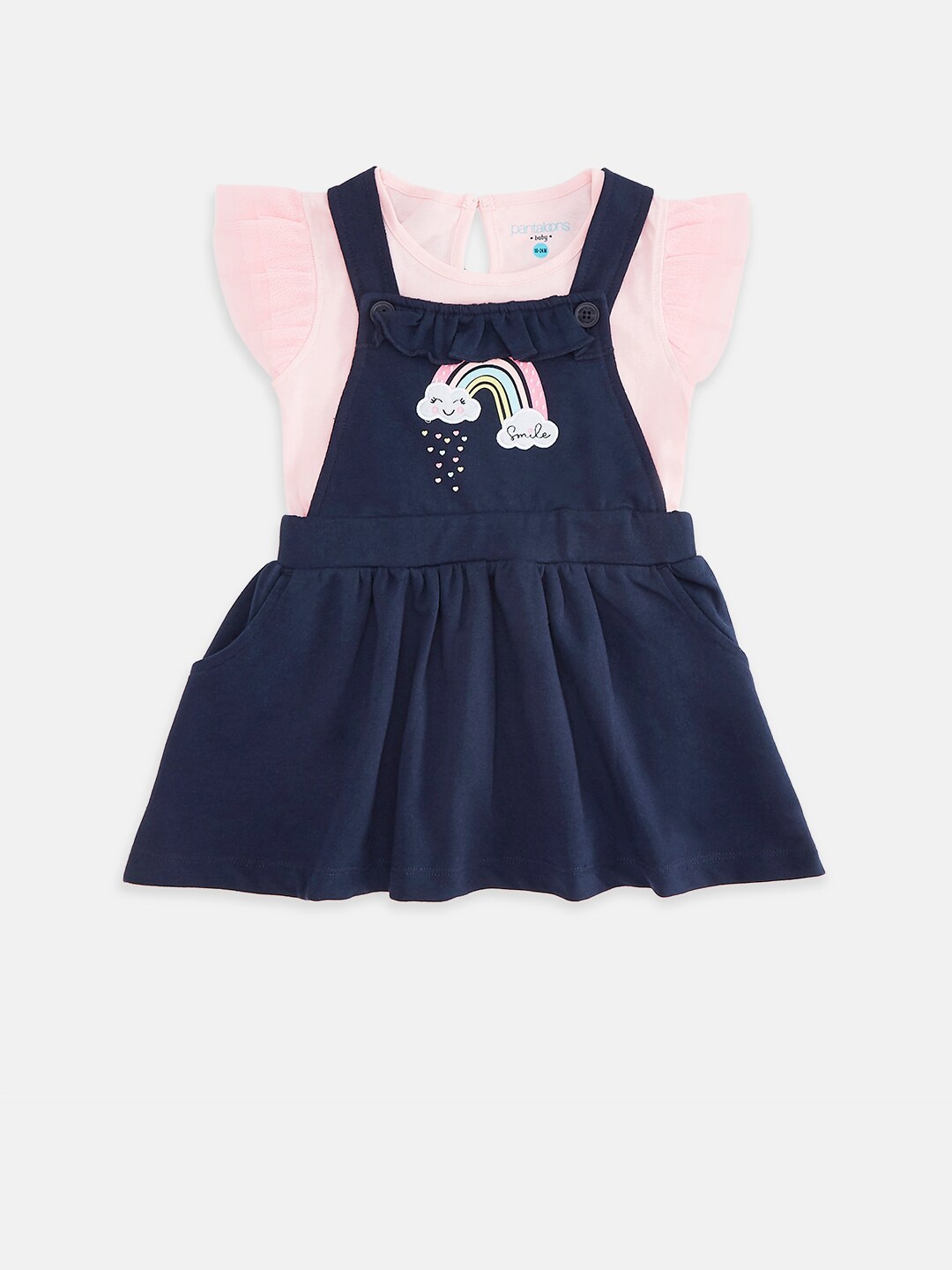 

Pantaloons Baby Girls Navy Blue & Pink Printed Dungaree Co-Ord