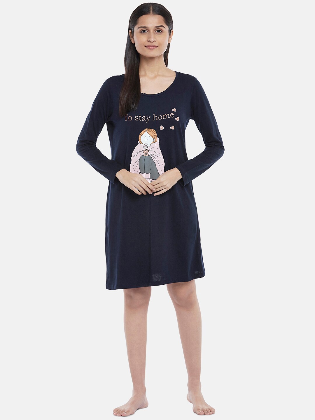 

Dreamz by Pantaloons Women Navy Blue Printed Pure Cotton Nightdress