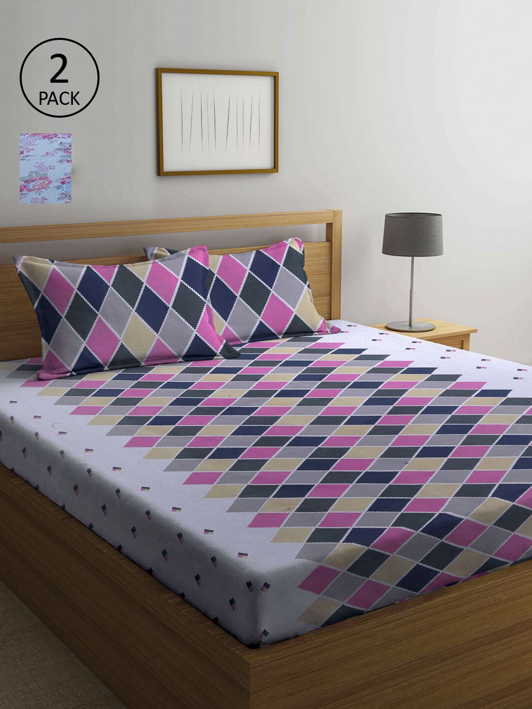 

KLOTTHE White & Pink Printed 210 TC Set of 2 Queen Bedsheet with 4 Pillow Covers