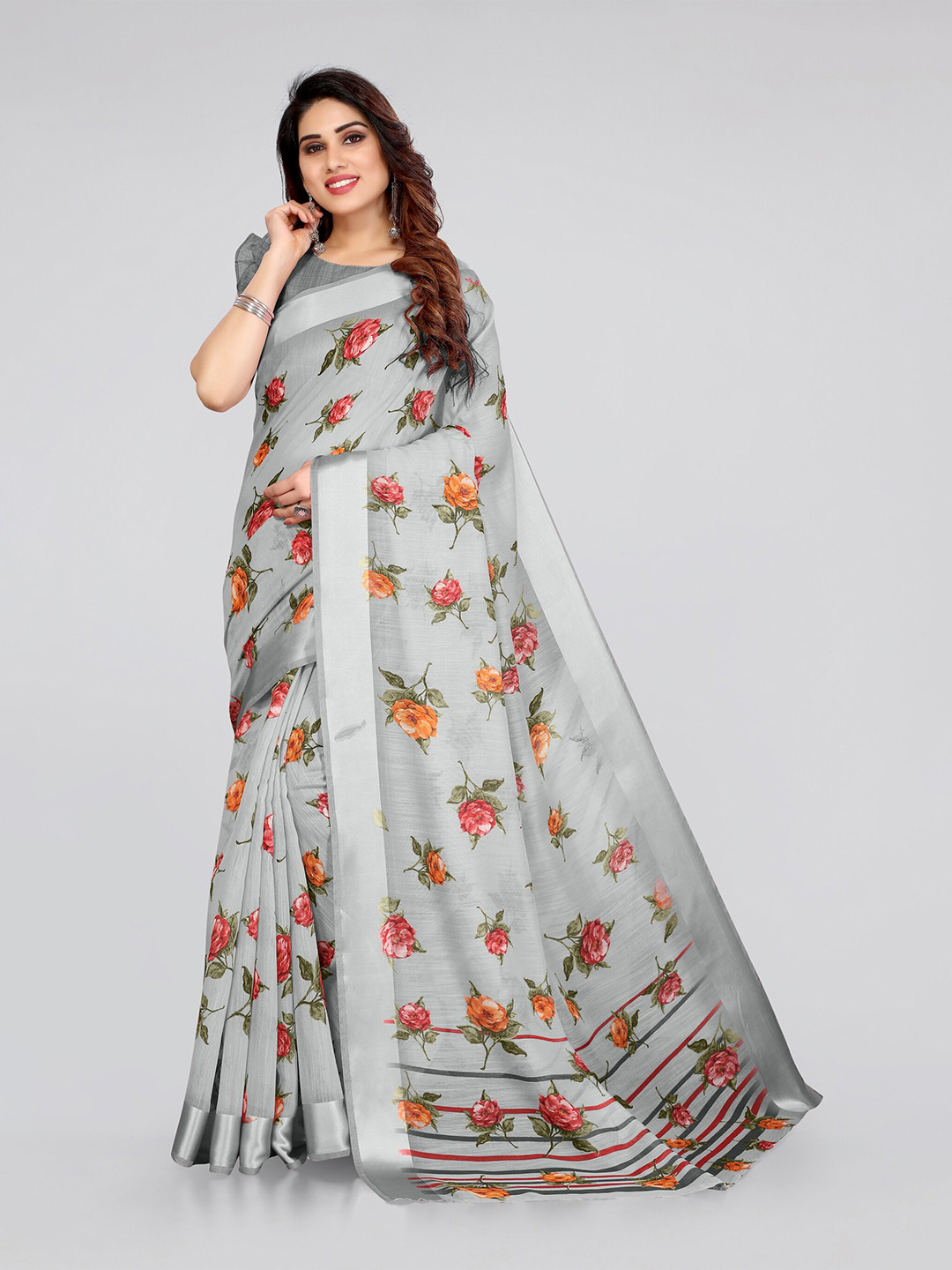 

KALINI Grey & Orange Floral Printed Polycotton Bagh Saree