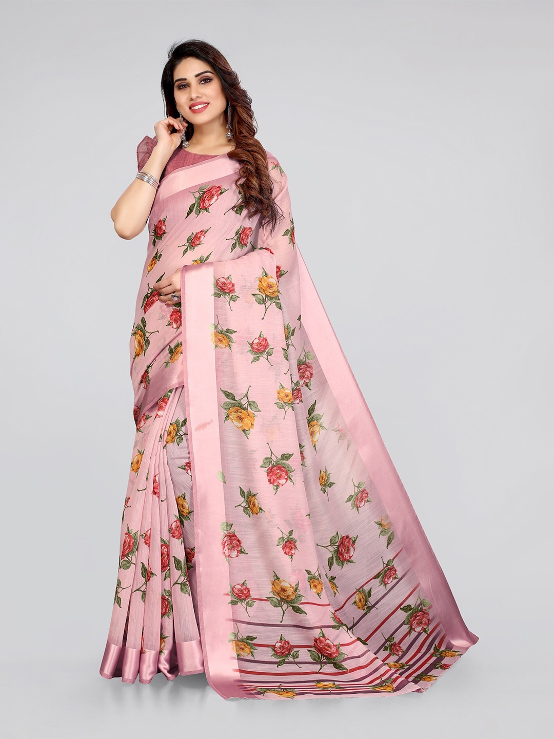 

KALINI Pink & Green Floral Printed Bagh Saree