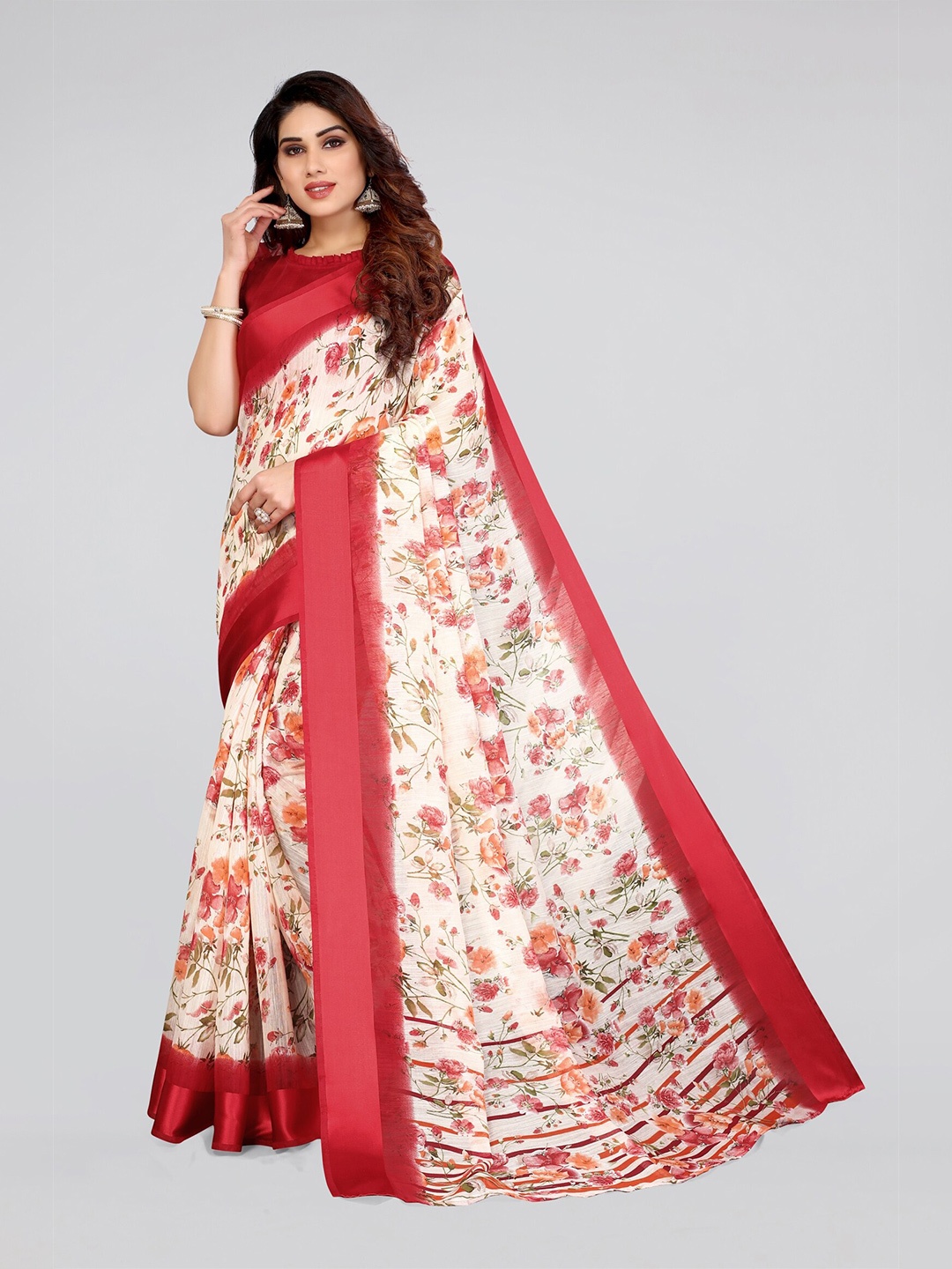 

KALINI Off White & Red Floral Bagh Poly Cotton Saree