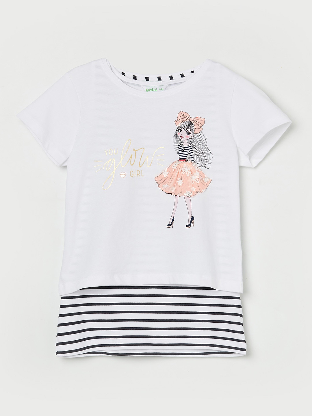 

Bossini Girls Cotton White & Black Striped Print Top