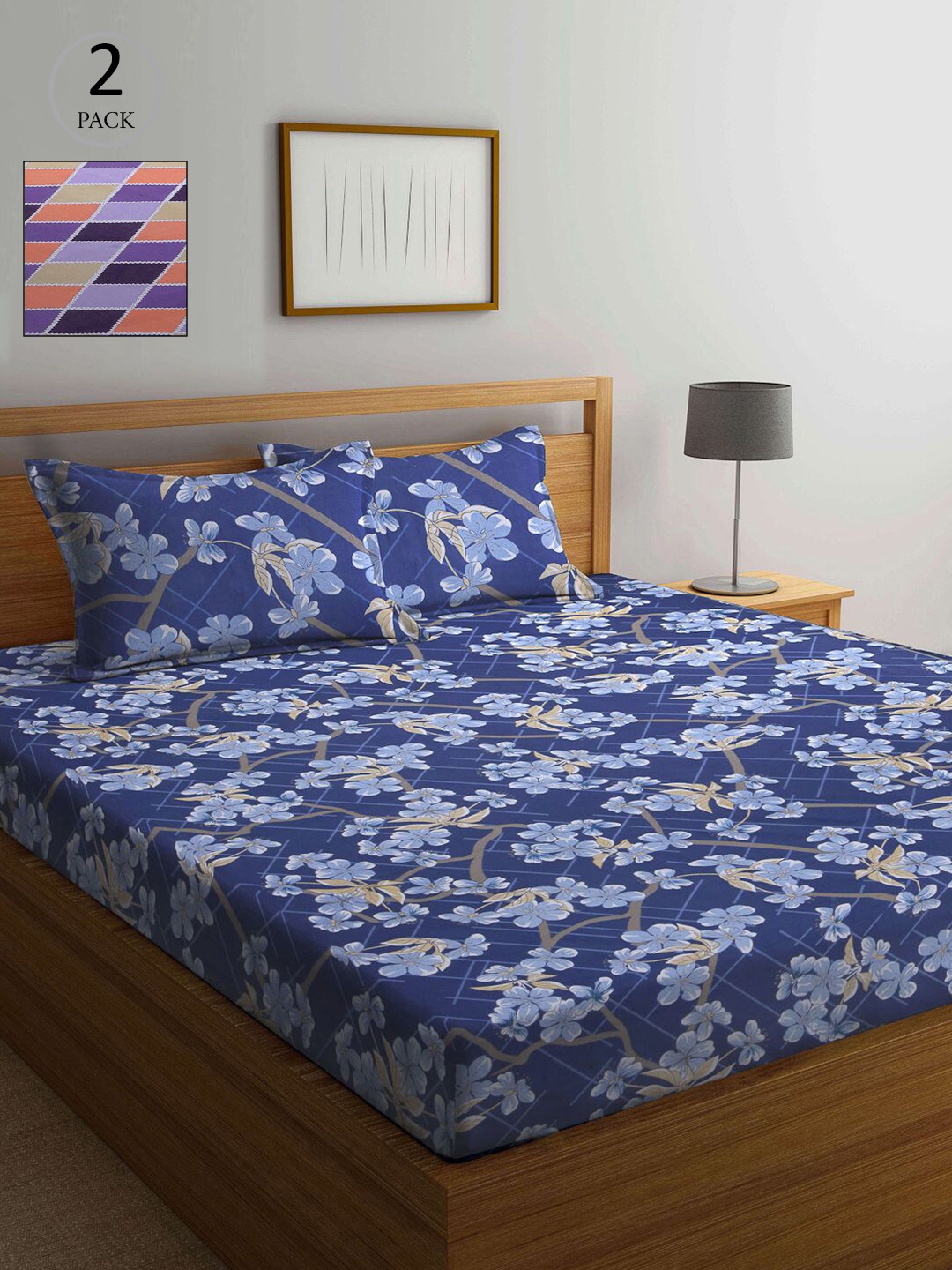 

KLOTTHE Blue & Multicoloured Floral 210 TC Set of 2 Queen Bedsheet with 4 Pillow Covers