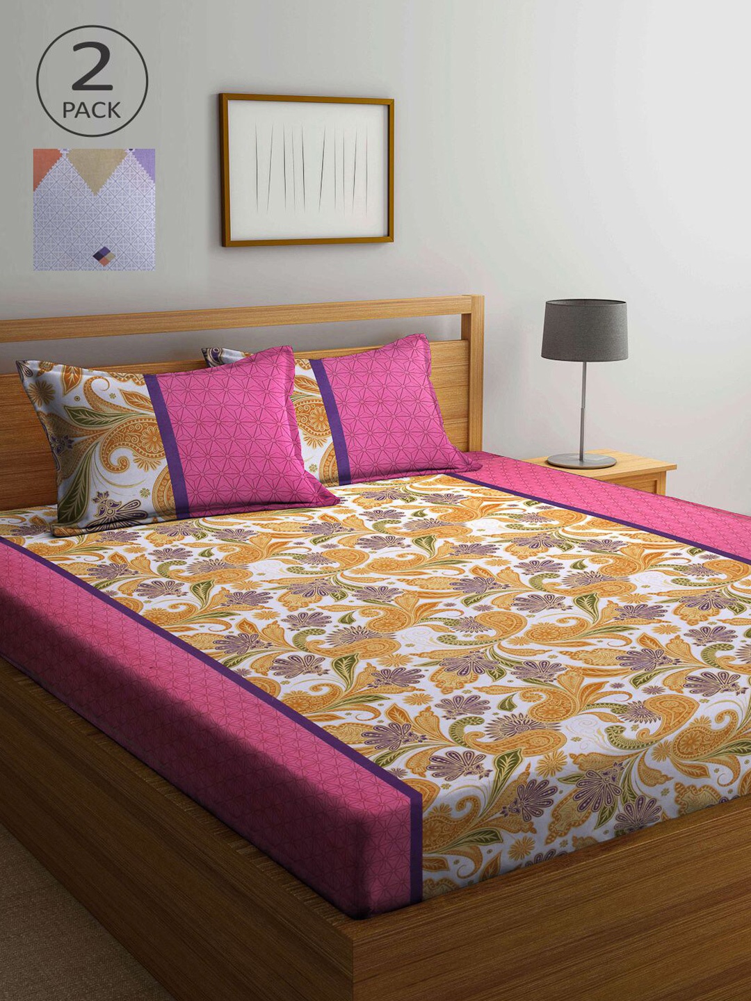 

KLOTTHE Pink & Yellow Floral 210 TC 2 Queen Bedsheet with 4 Pillow Covers