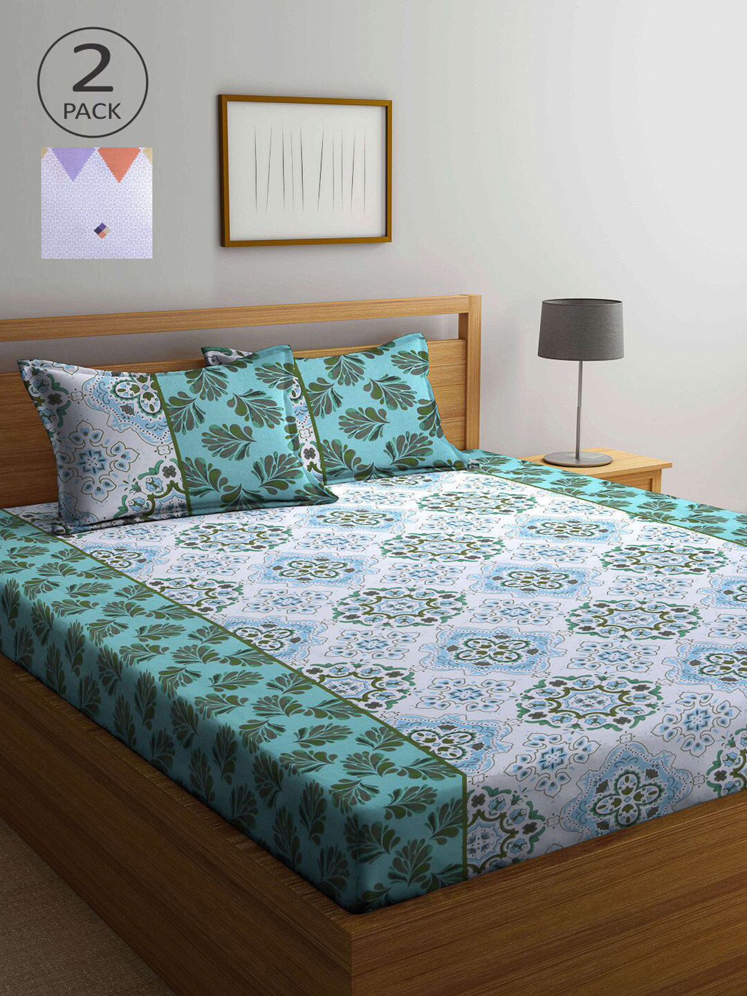 

KLOTTHE Multicoloured & Green Printed 210 TC Set of 2 Queen Bedsheet with 4 Pillow Covers, Multi