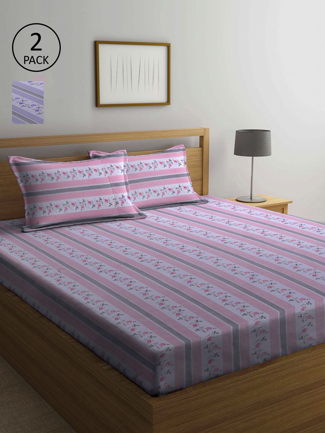 

KLOTTHE Purple & Pink Floral 210 TC 2 Queen Bedsheet with 4 Pillow Covers