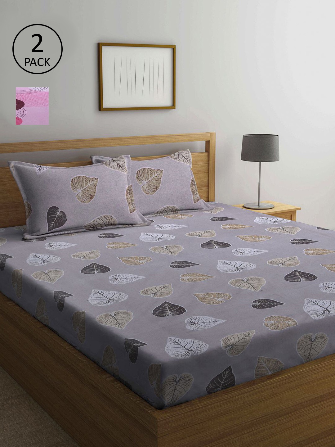 

KLOTTHE Grey & Pink Floral 210 TC 2 Queen Bedsheet with 4 Pillow Covers