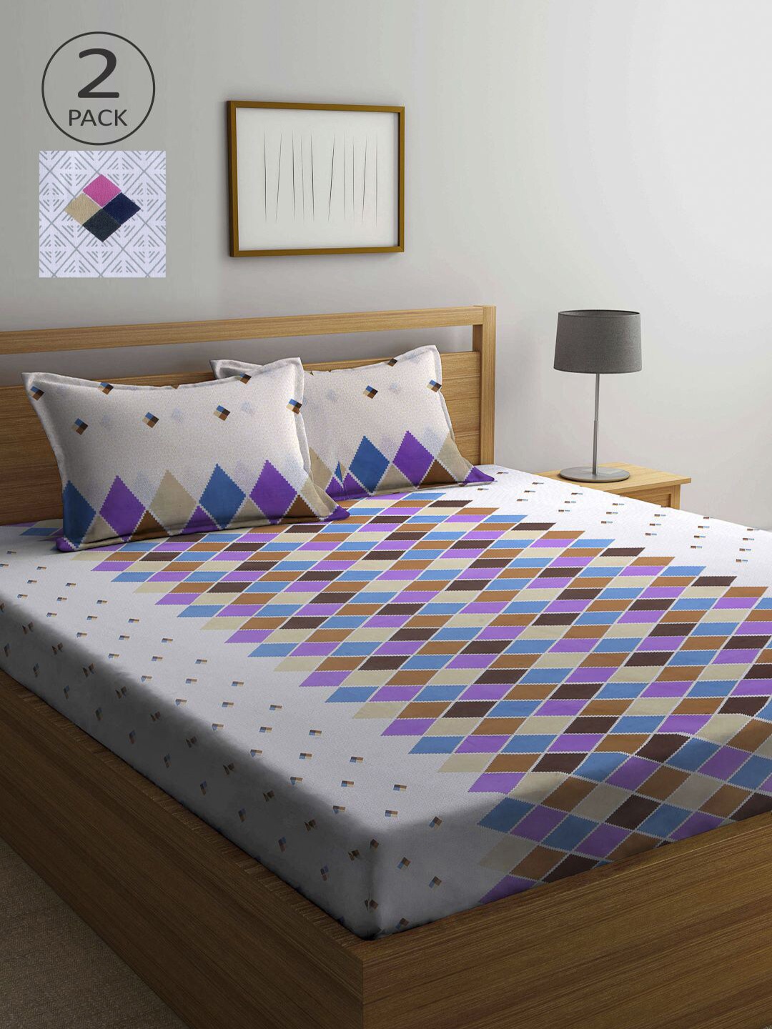 

KLOTTHE White & Pink Geometric 210 TC 2 Queen Bedsheet with 4 Pillow Covers