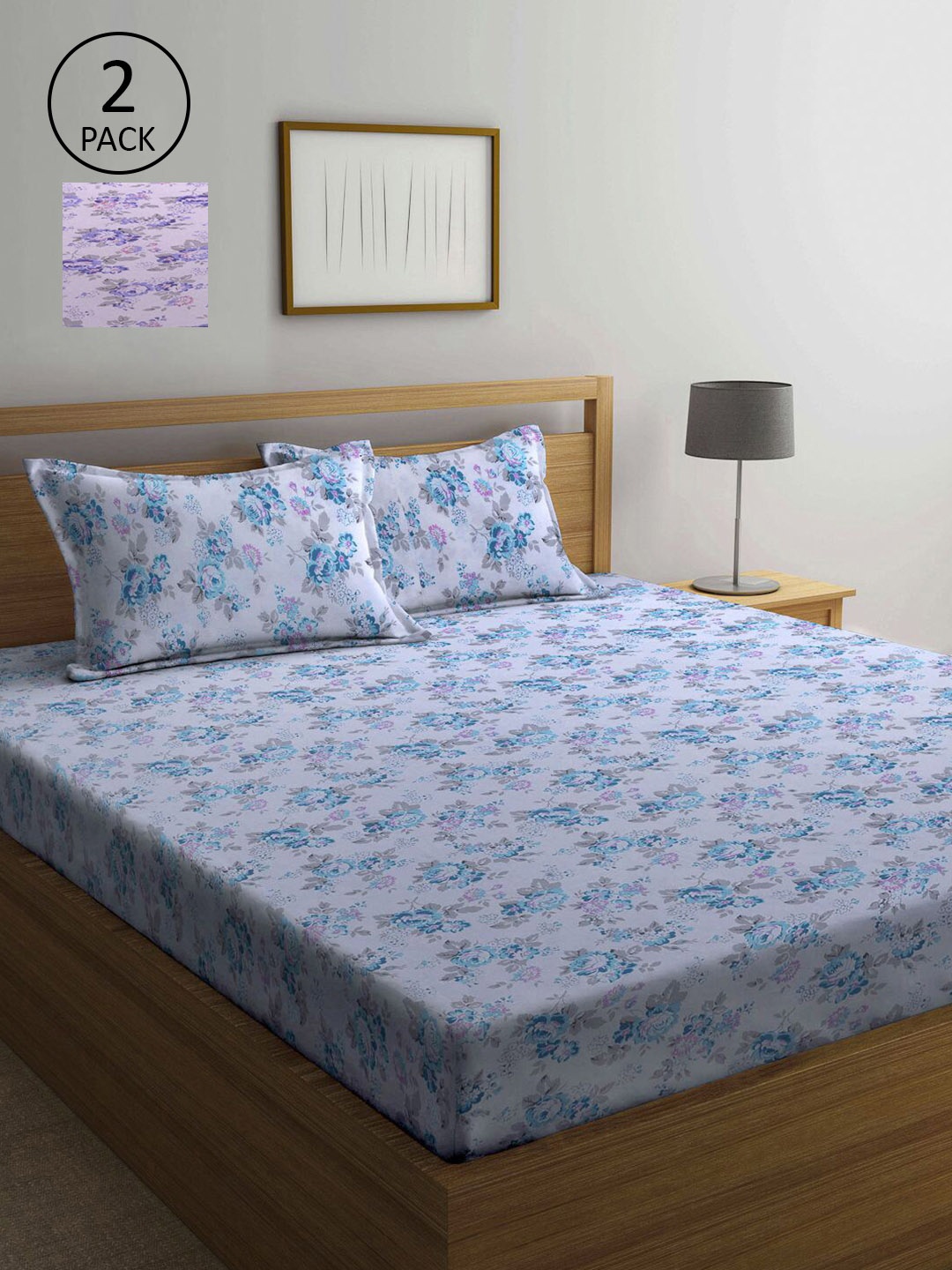 

KLOTTHE Blue & Purple Floral 210 TC Set of 2 Queen Bedsheet with 4 Pillow Covers