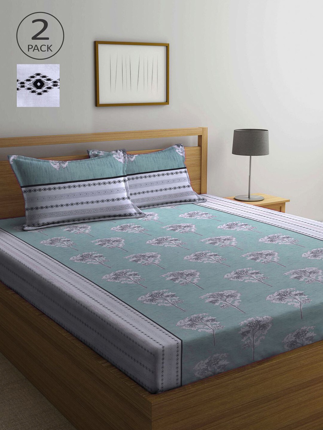 

KLOTTHE Green & Yellow Floral 210 TC Set of 2 Queen Bedsheet with 4 Pillow Covers