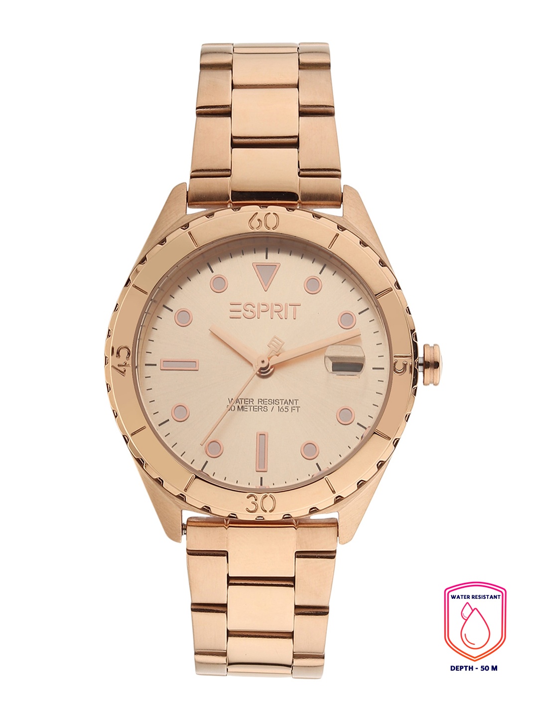 

ESPRIT Women Rose Gold-Toned Embellished Dial & Rose Gold Toned Stainless Steel Bracelet Style Straps Watch