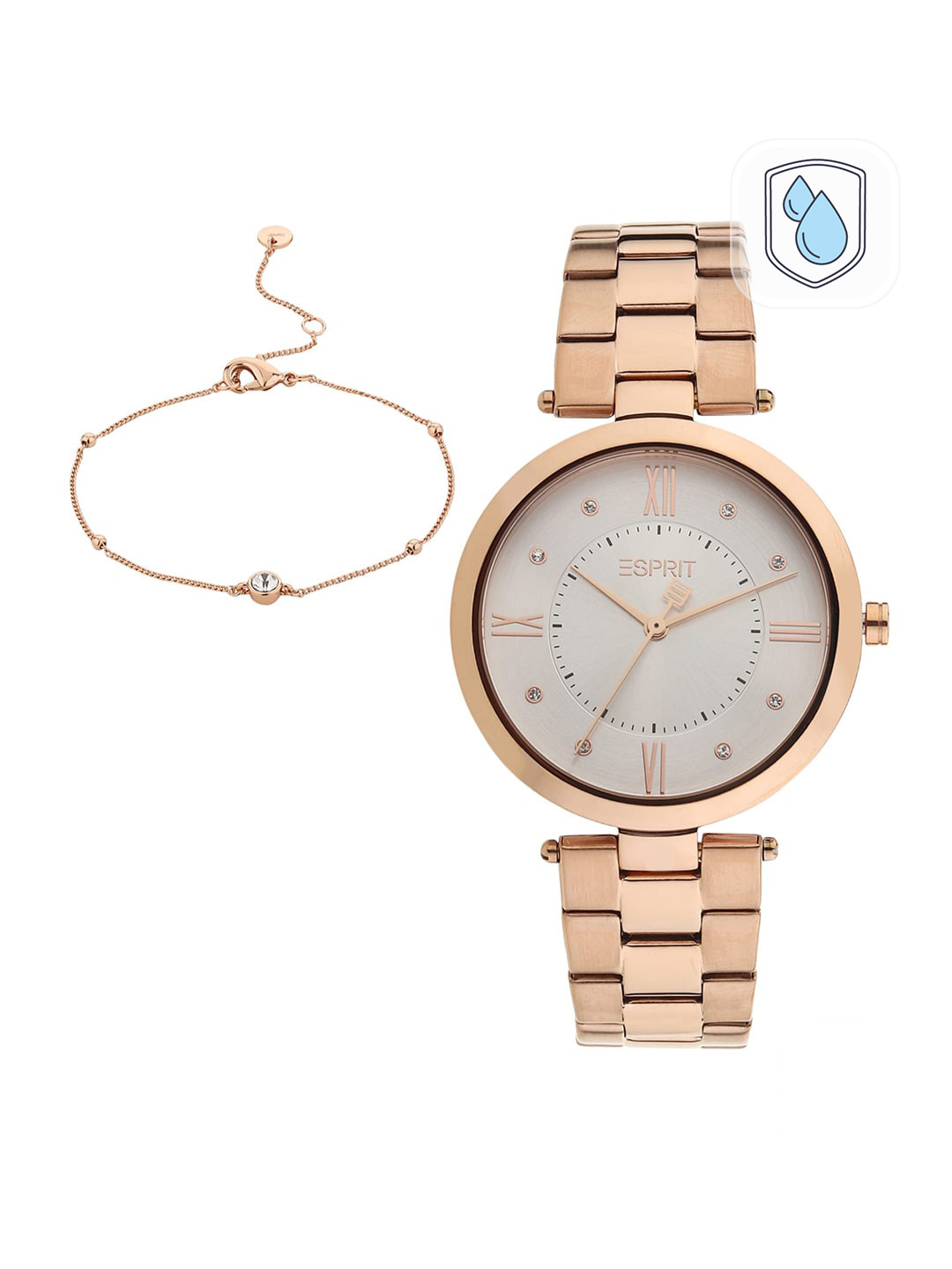 

ESPRIT Women Silver-Toned Embellished Dial & Rose Gold Toned Stainless Steel Bracelet Style Straps Analogue Watch