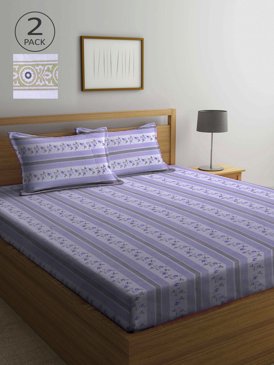 

KLOTTHE Grey & Purple Floral 210 TC 2 Queen Bedsheet with 4 Pillow Covers