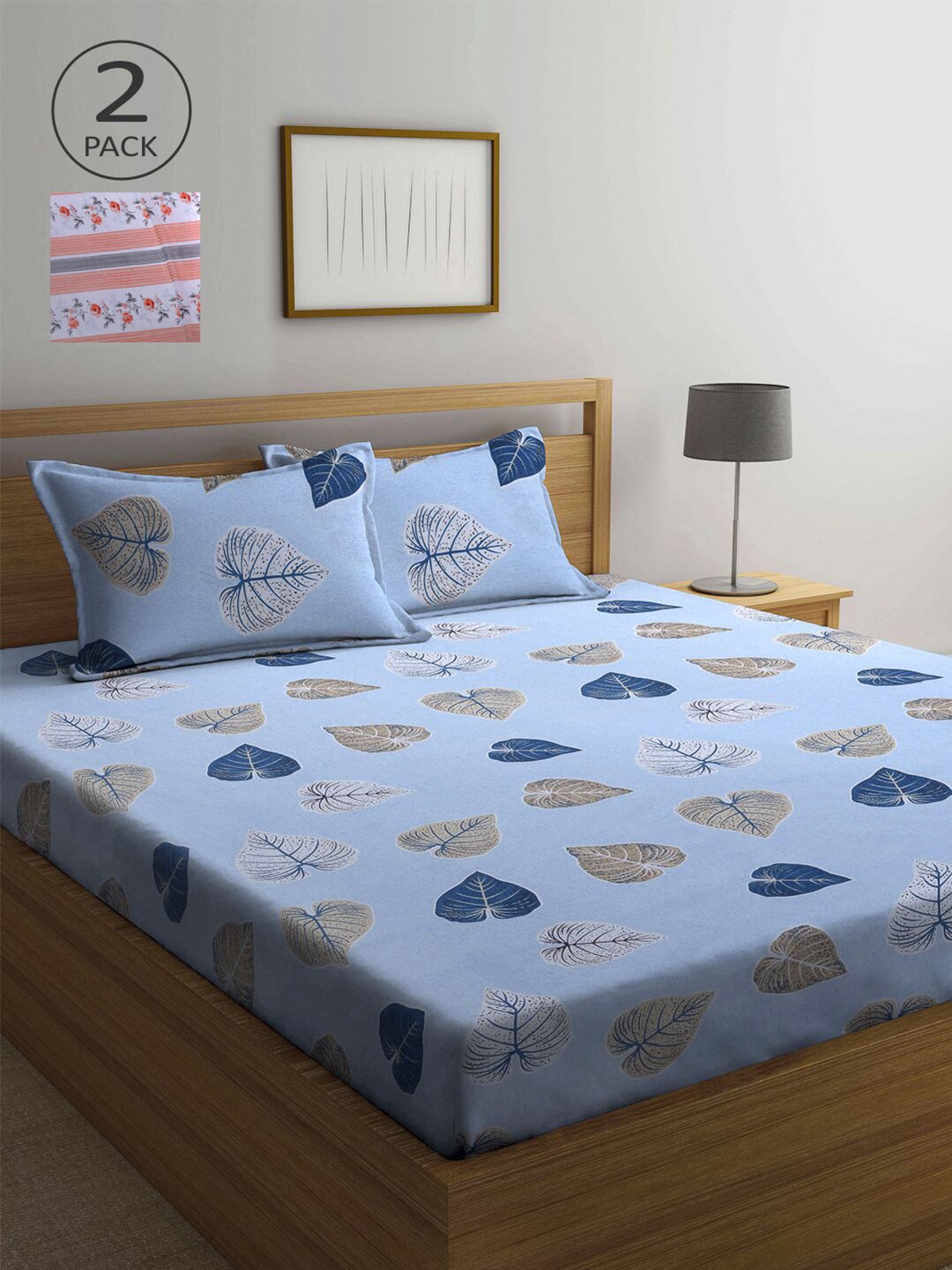 

KLOTTHE Blue & Peach-Coloured Floral 210 TC 2 Queen Bedsheet with 4 Pillow Covers