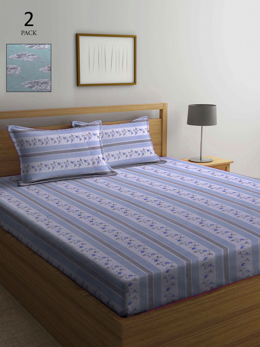 

KLOTTHE Blue & Green Floral 210 TC Set of 2 Queen Bedsheet with 4 Pillow Covers