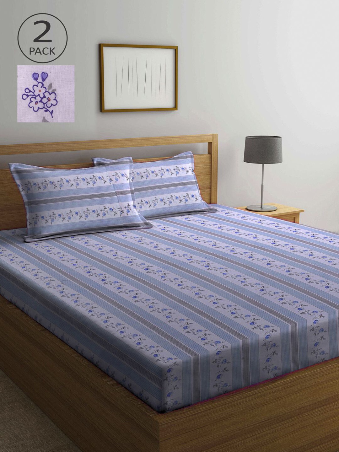 

KLOTTHE Blue & Purple Floral 210 TC 2 Queen Bedsheet with 4 Pillow Covers
