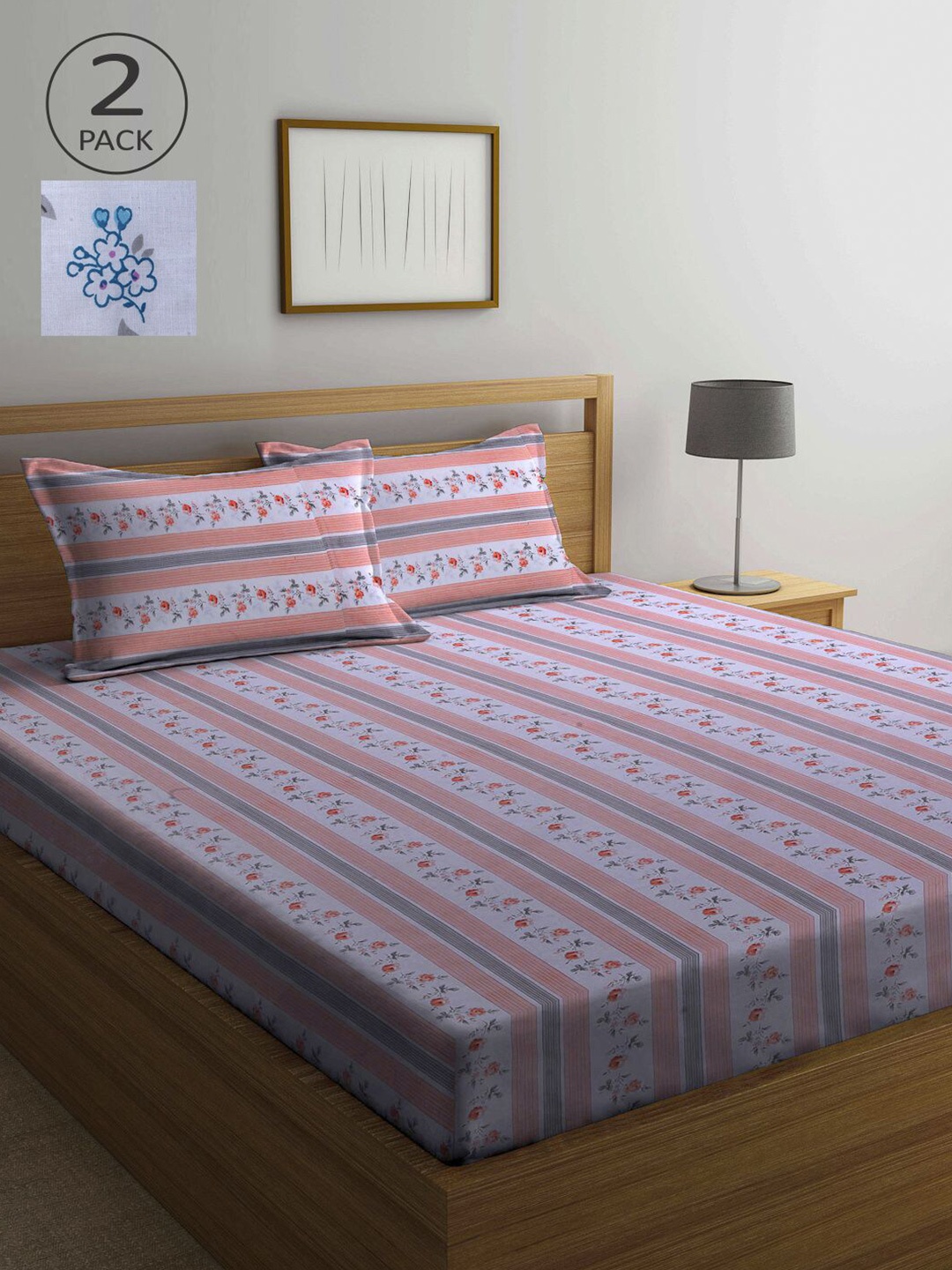 

KLOTTHE Peach-Coloured & White Floral 210 TC Set Of 2 Queen Bedsheet with 4 Pillow Covers