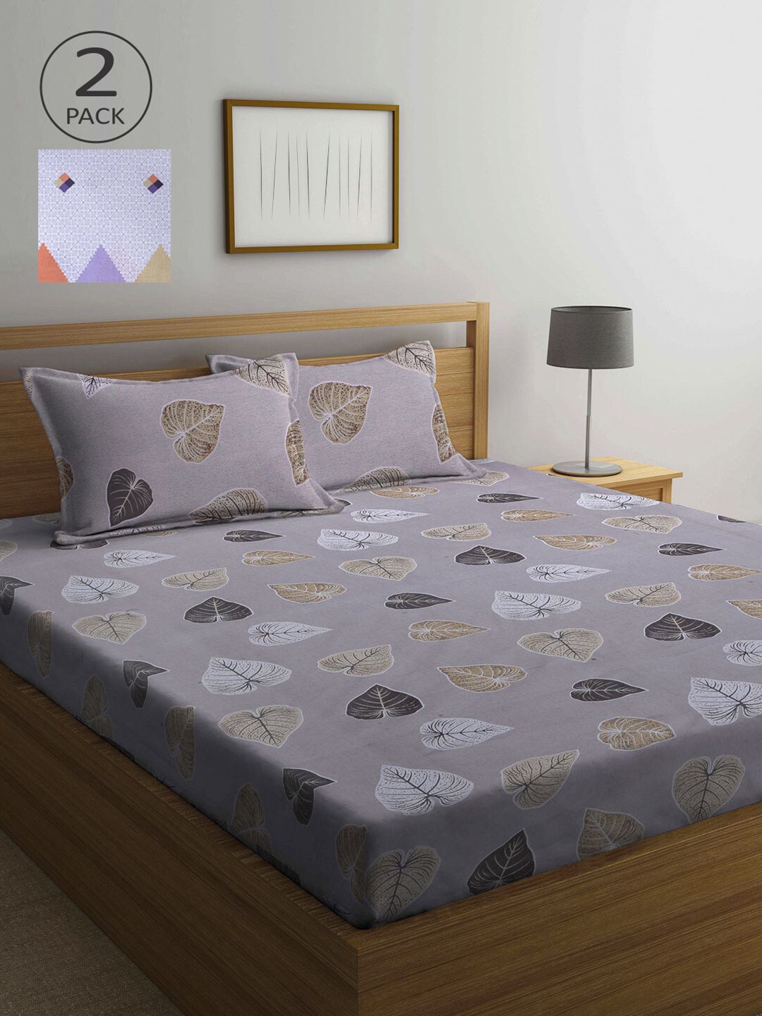 

KLOTTHE Grey & Multicoloured Floral 210 TC 2 Queen Bedsheet with 4 Pillow Covers