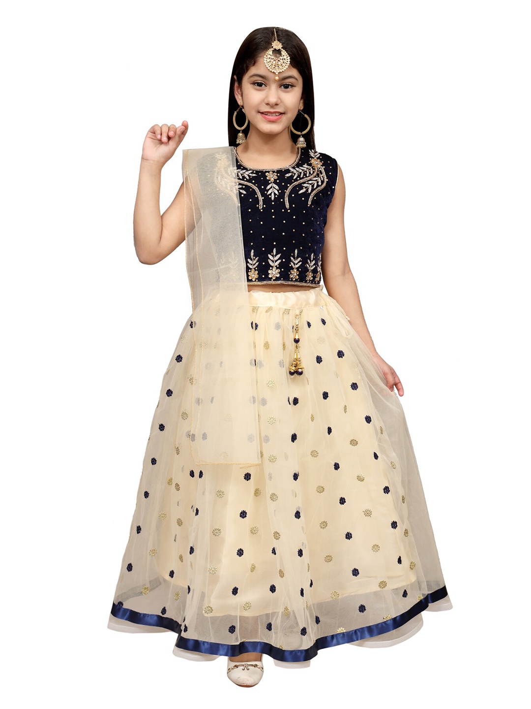 

SKY HEIGHTS Girls Navy Blue & Cream Embellished Lehenga Choli With Dupatta