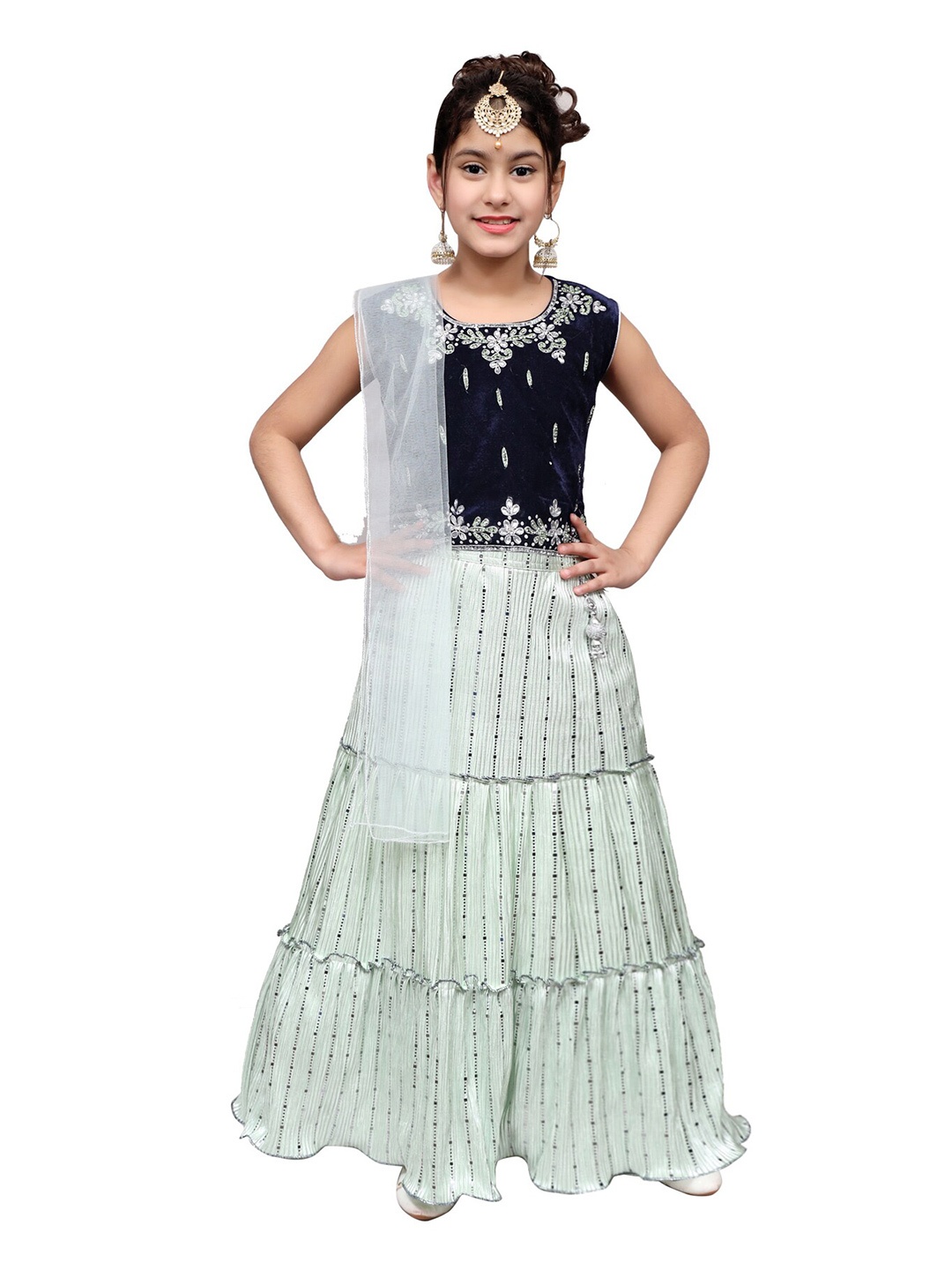 

SKY HEIGHTS Girls Green & Navy Blue Embellished Ready to Wear Lehenga Choli With Dupatta