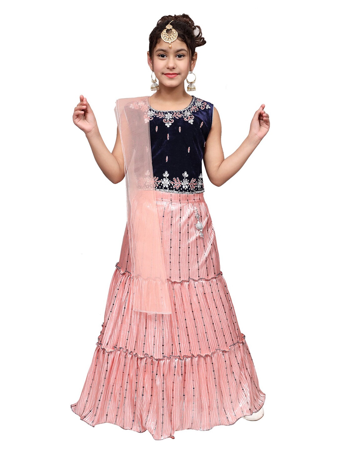 

SKY HEIGHTS Girls Peach-Coloured & Navy Blue Embellished Beads and Stones Khari Print Ready to Wear Lehenga