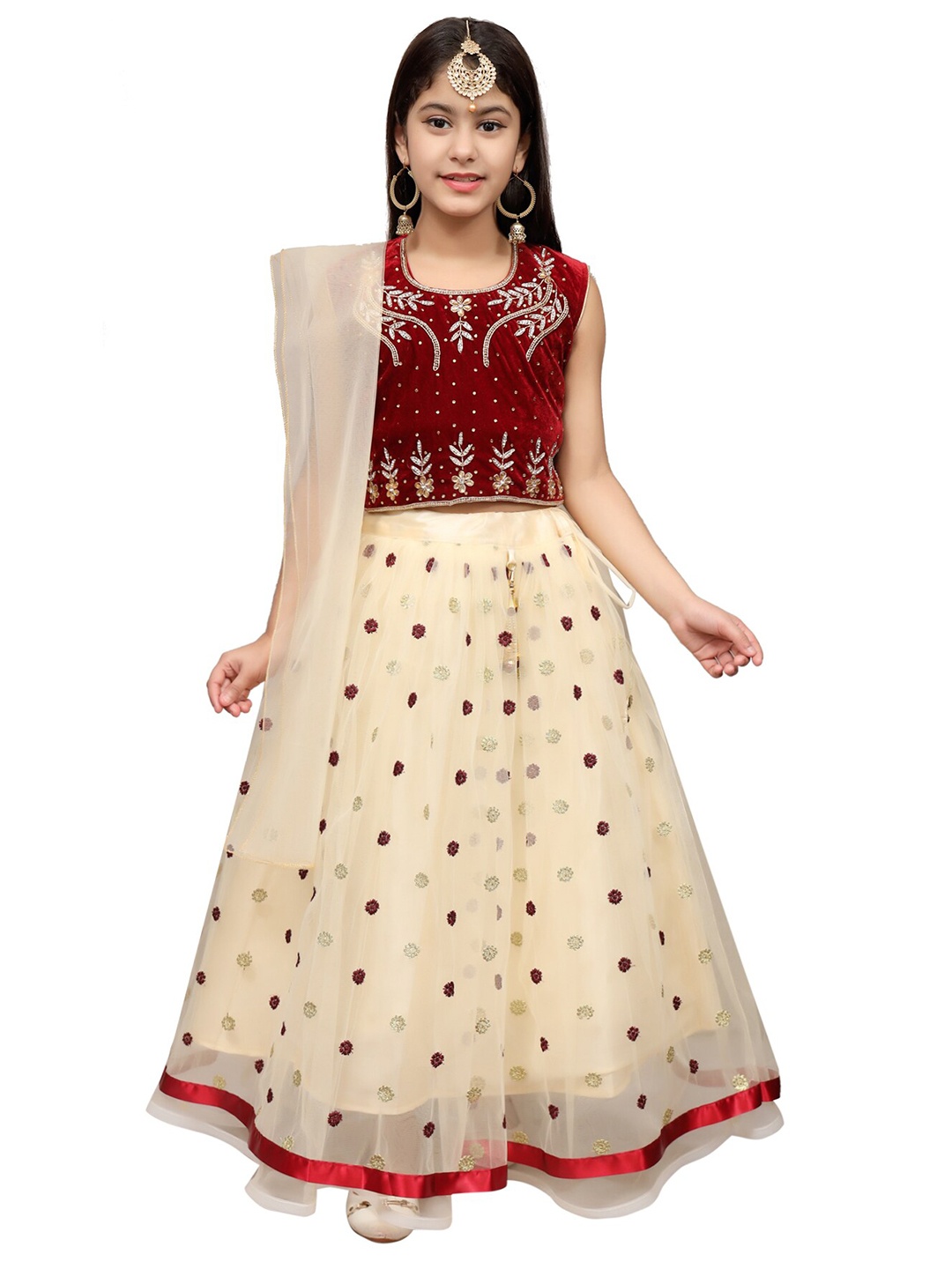 

SKY HEIGHTS Girls Maroon & Beige Embellished Ready to Wear Lehenga & Blouse With Dupatta