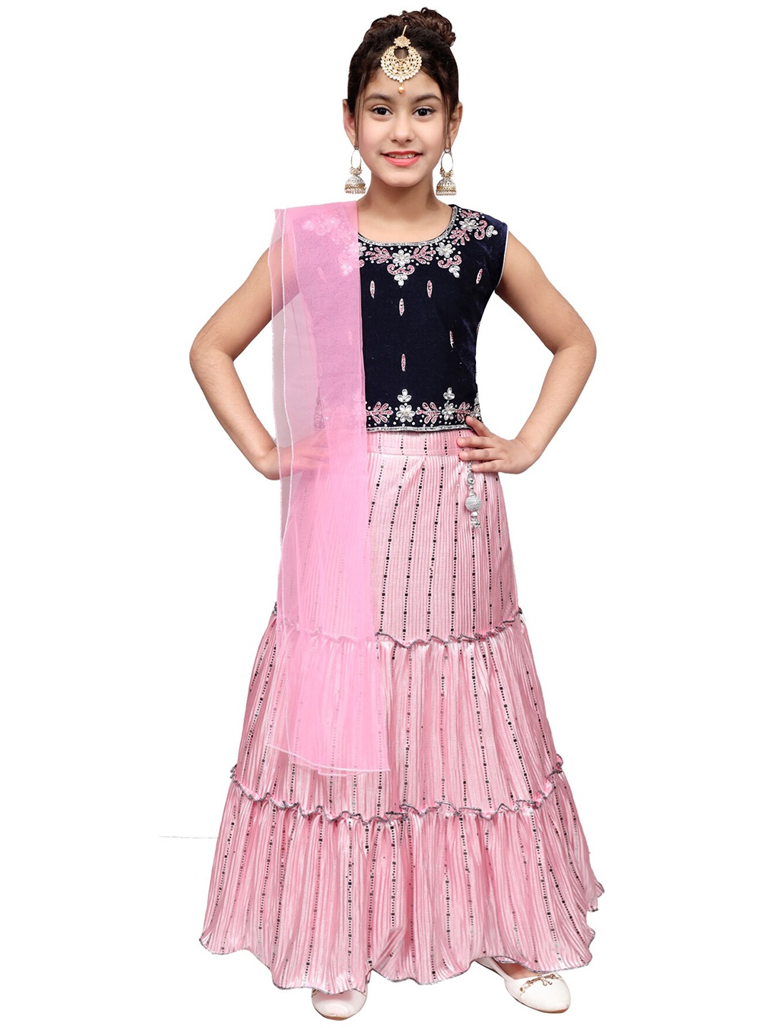 

SKY HEIGHTS Girls Pink & Blue Embellished Ready to Wear Lehenga & Blouse With Dupatta