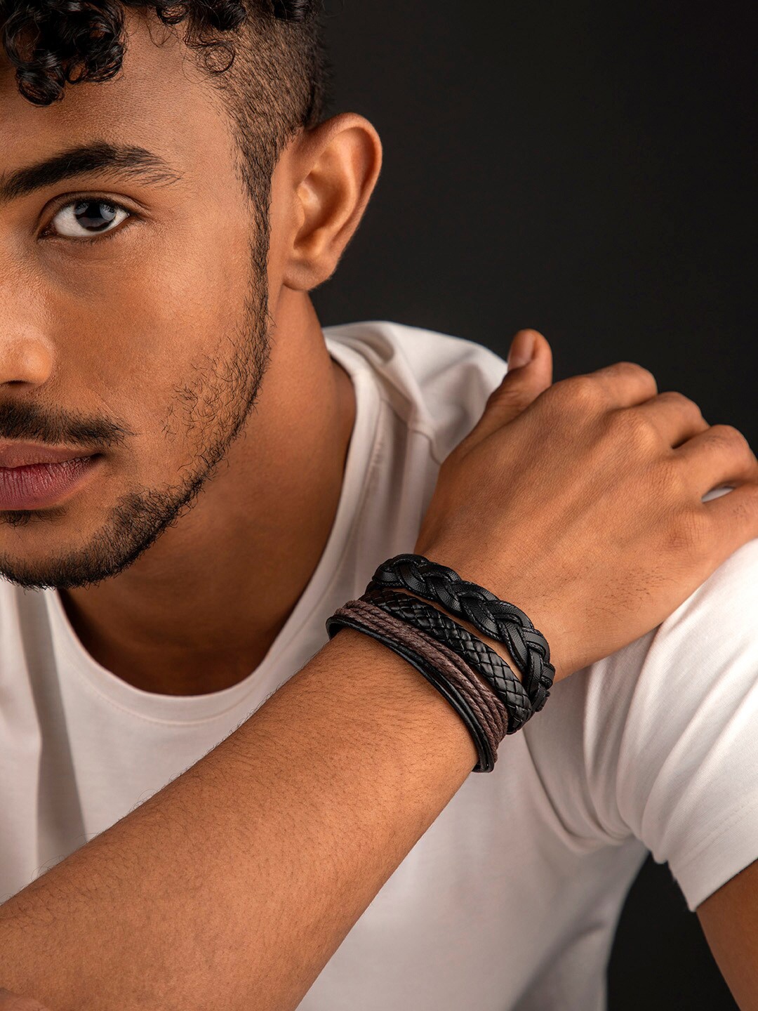 

The Roadster Lifestyle Co Men Black & Brown Set Of 3 Layered Wraparound Bracelet