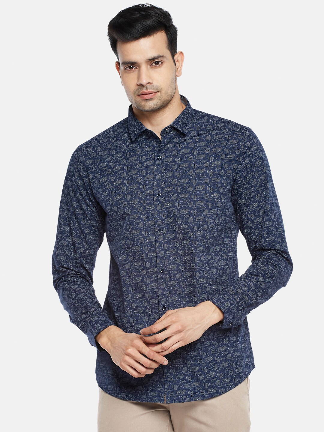 

BYFORD by Pantaloons Men Navy Blue & White Slim Fit Printed Pure Cotton Casual Shirt