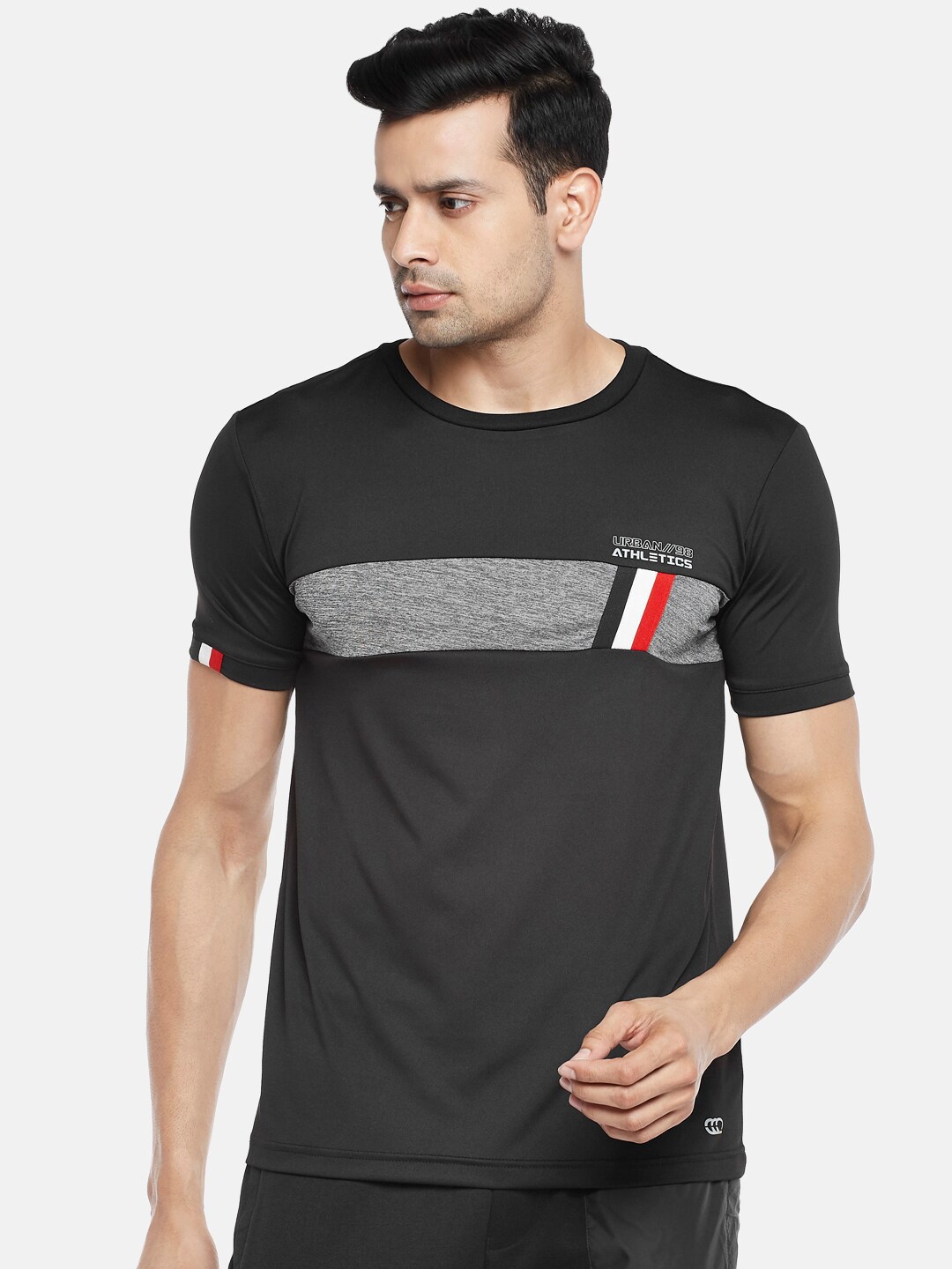 

Ajile by Pantaloons Men Black & Grey Striped Slim Fit T-shirt