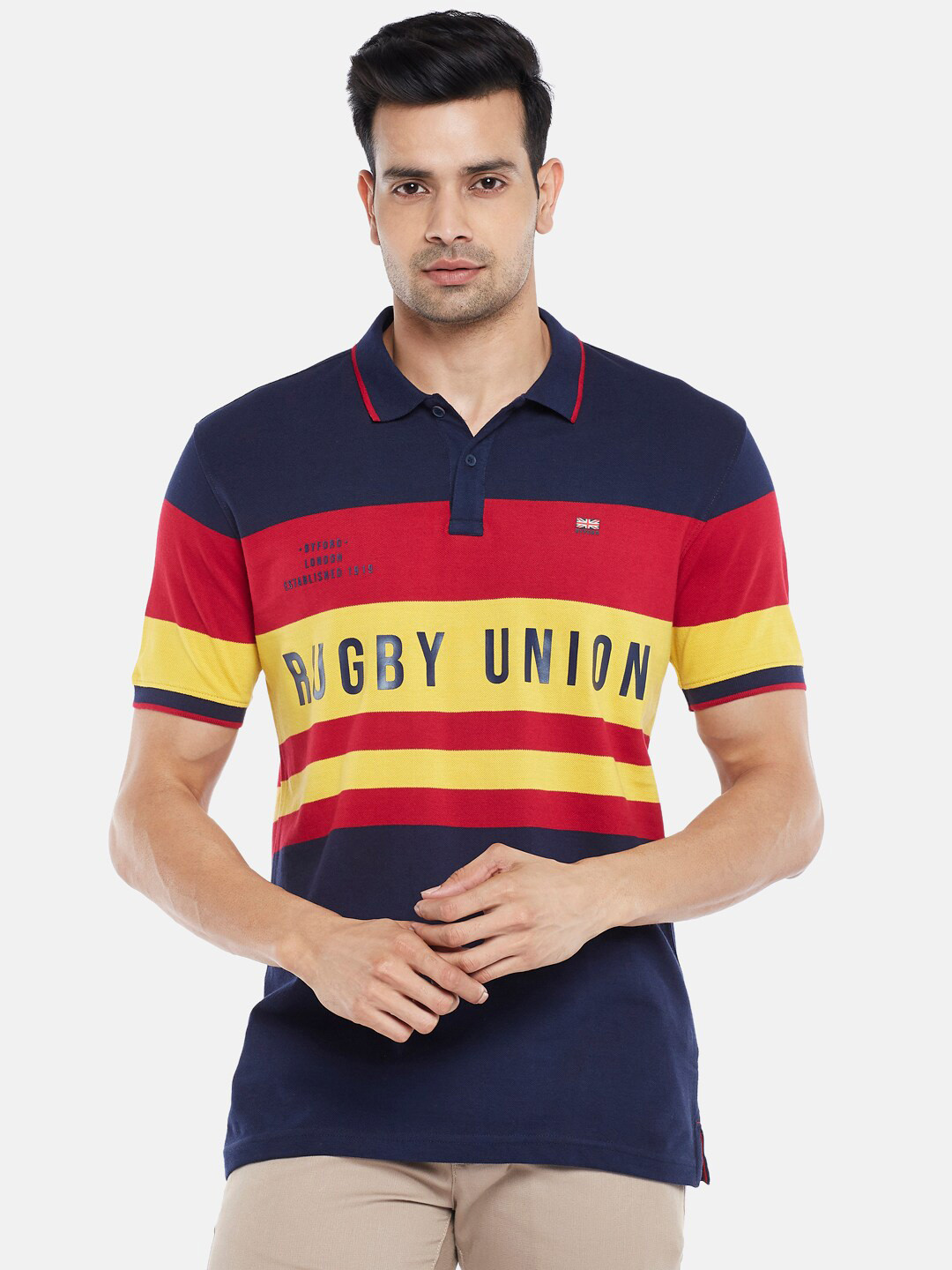 

BYFORD by Pantaloons Men Navy Blue Typography Colourblocked Polo Collar Pure Cotton Pockets Slim Fit T-shirt
