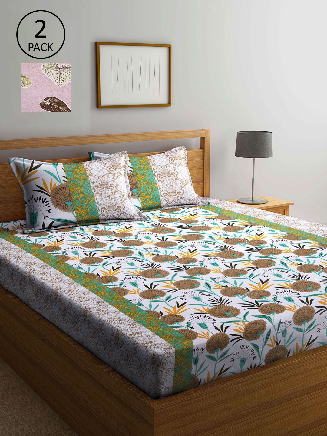 

KLOTTHE Green & Purple Floral 210 TC 2 Queen Bedsheet with 4 Pillow Covers