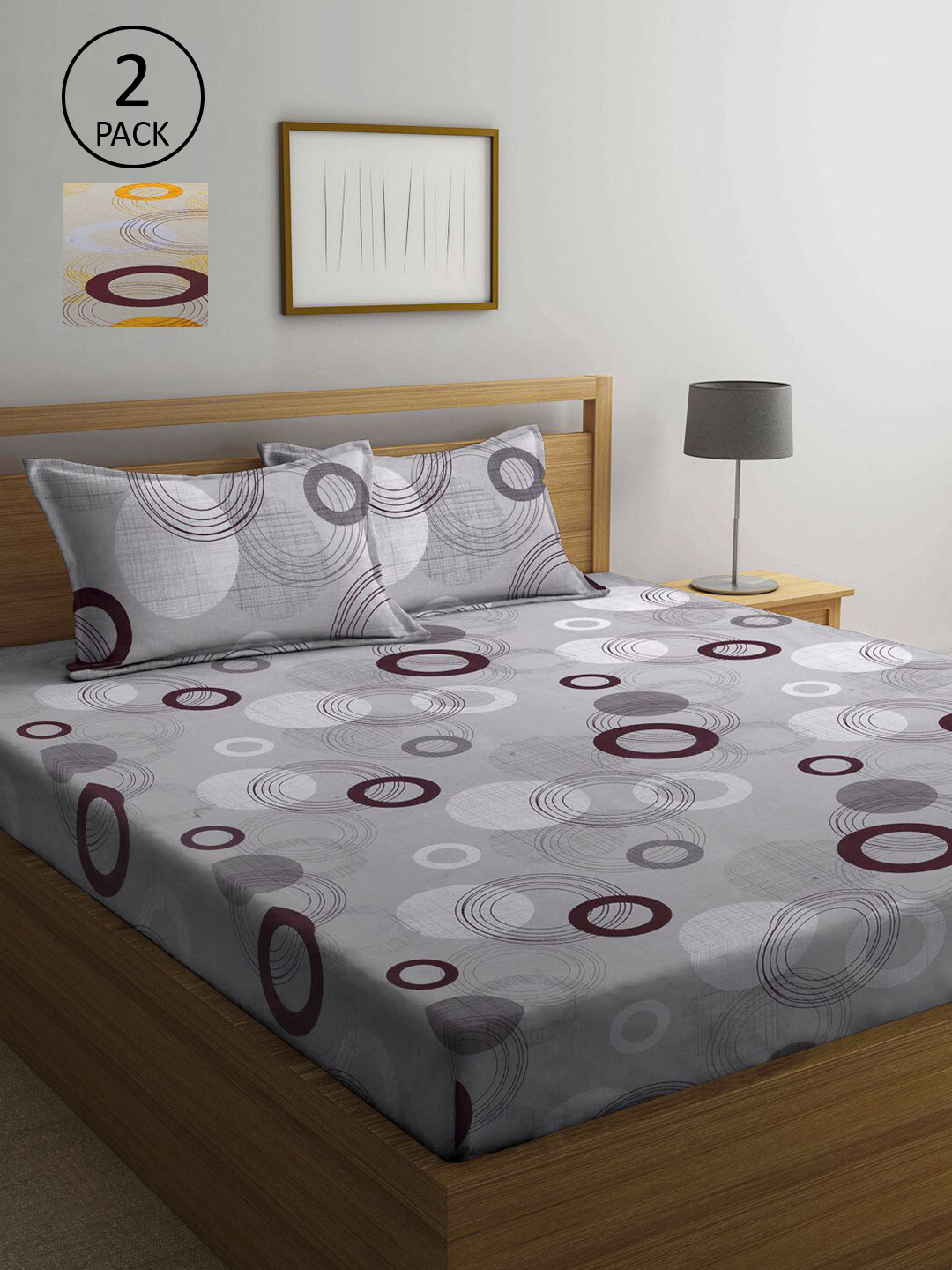 

KLOTTHE Grey & Brown Geometric Pure Cotton 210 TC 2 Queen Bedsheet with 4 Pillow Covers