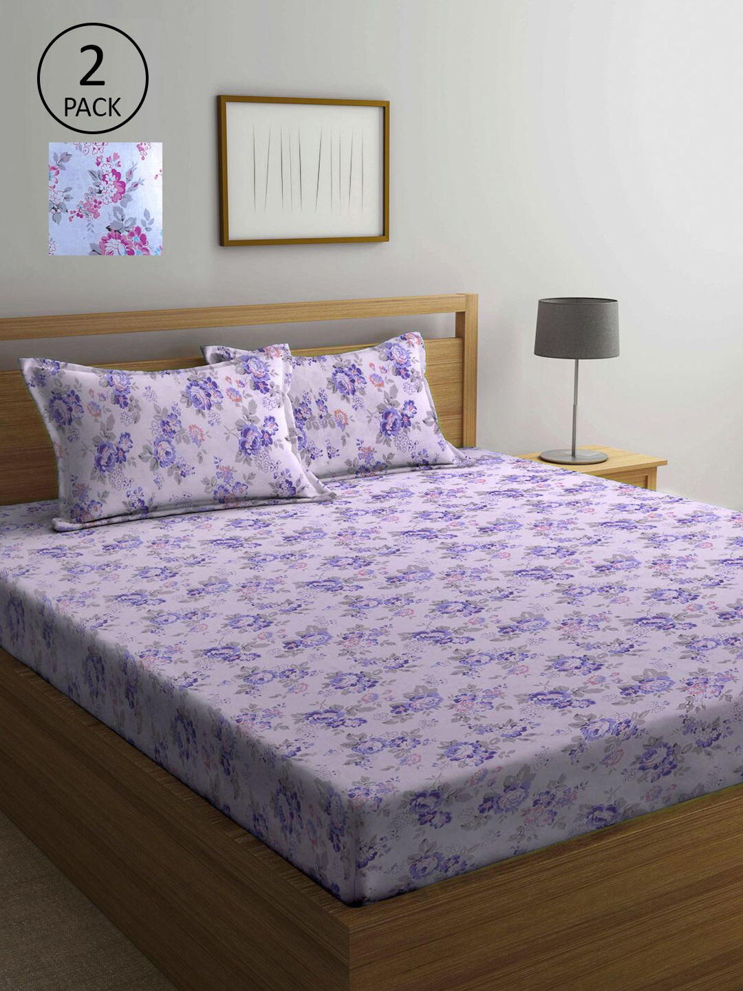 

KLOTTHE Purple & Blue Floral 210 TC 2 Queen Bedsheet with 4 Pillow Covers