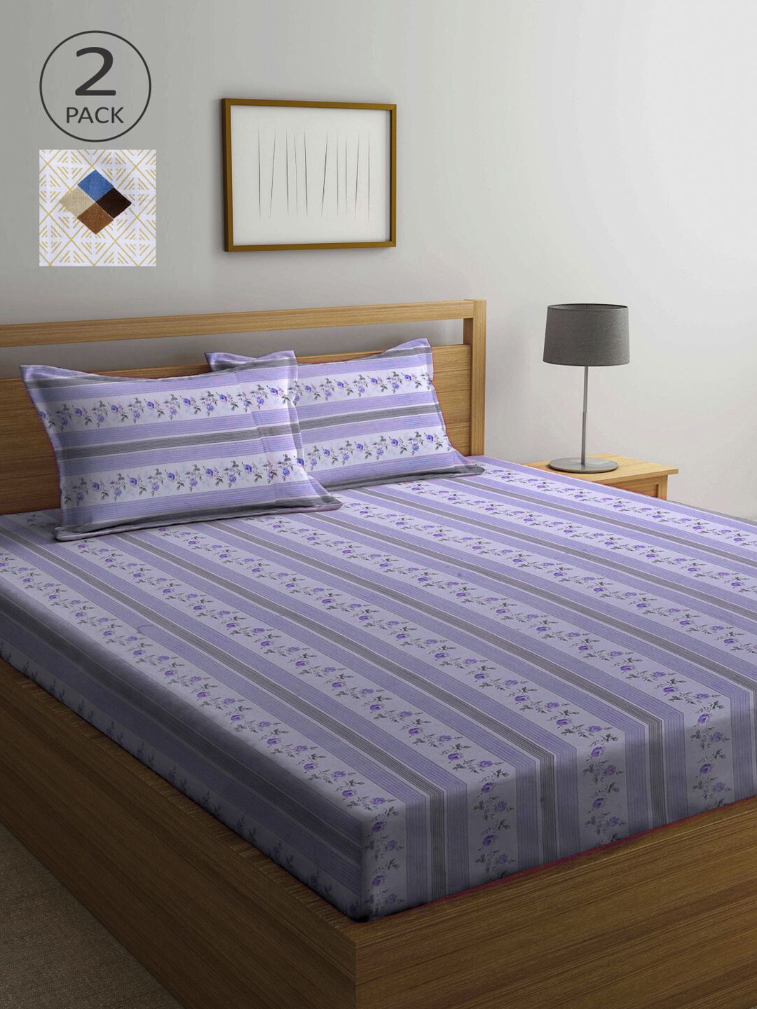 

KLOTTHE Blue & Purple Floral 210 TC 2 Queen Bedsheet with 4 Pillow Covers