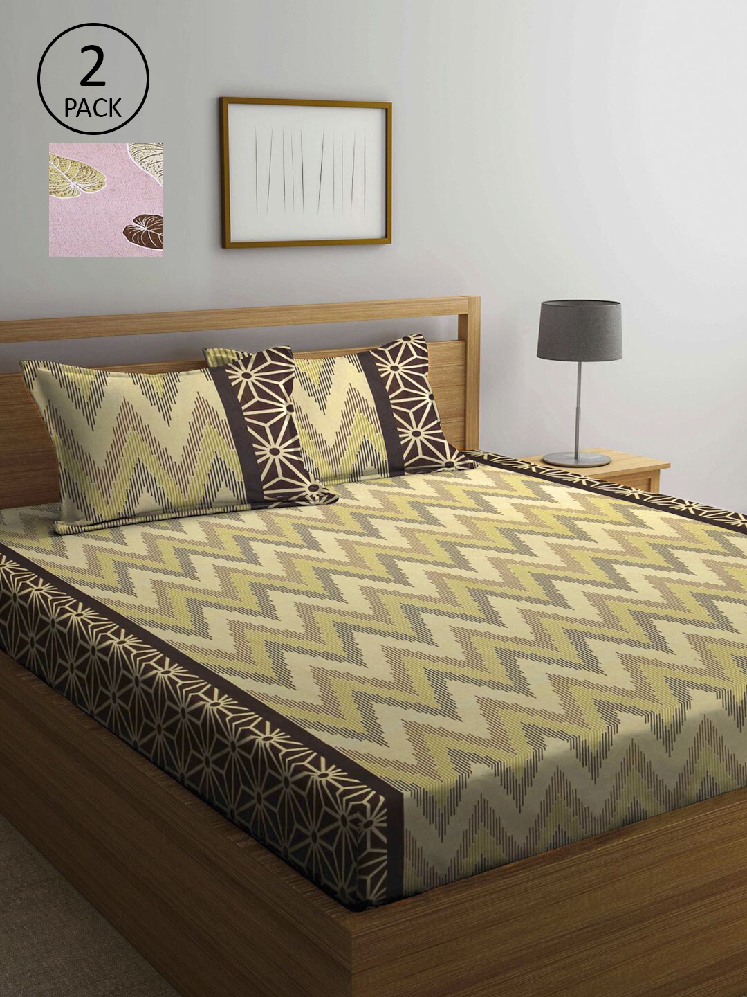 

KLOTTHE Cream-Coloured & Brown 210 TC 2 Queen Bedsheet with 4 Pillow Covers