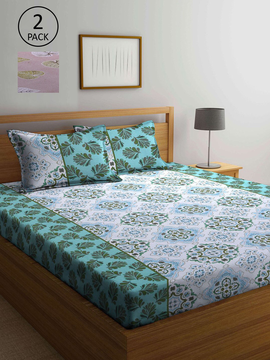 

KLOTTHE Pink & Green Floral 210 TC 2 Queen Bedsheet with 4 Pillow Covers