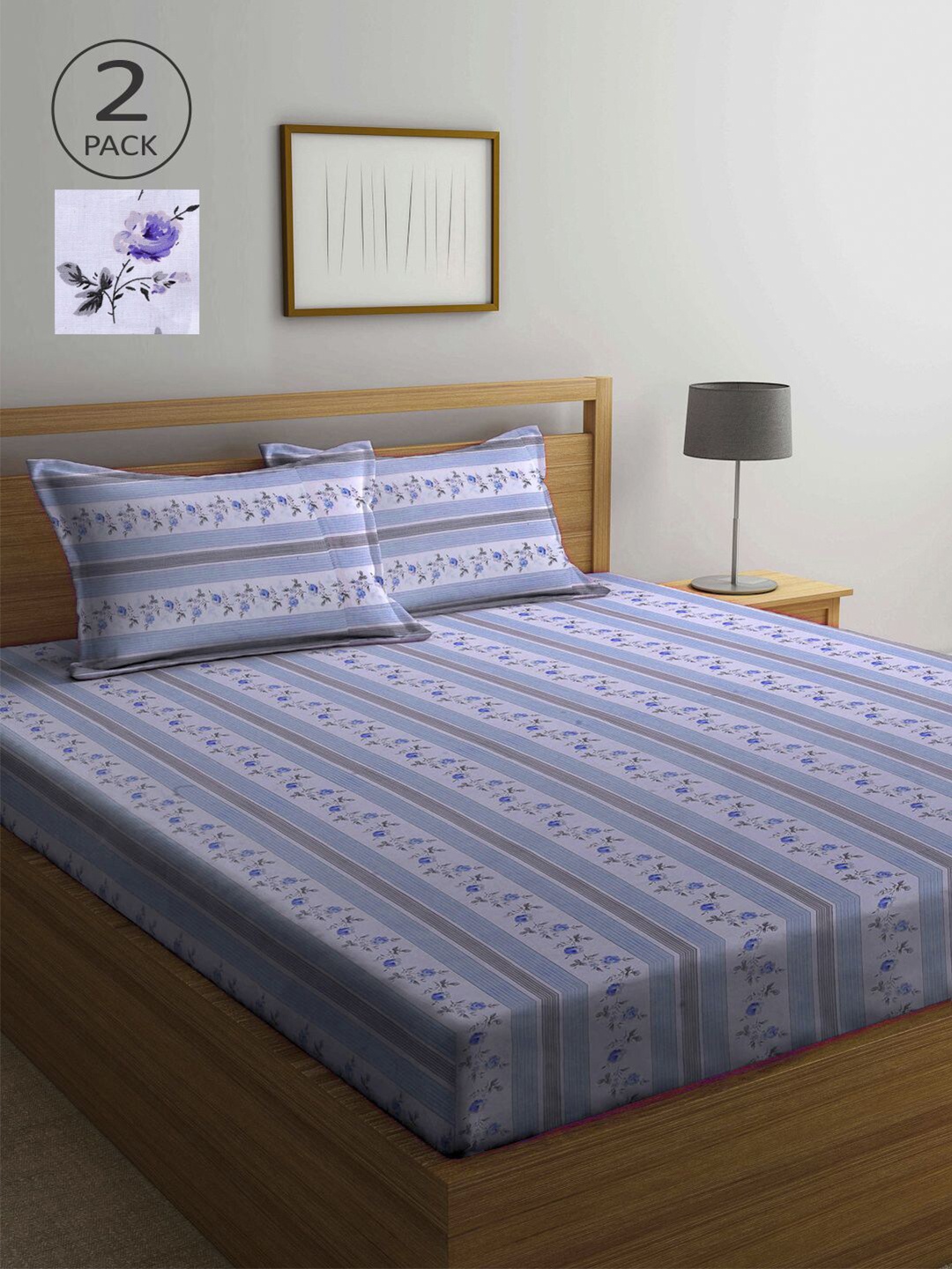 

KLOTTHE Blue & Purple Floral 210 TC Pure Cotton 2 Queen Bedsheets with 4 Pillow Covers