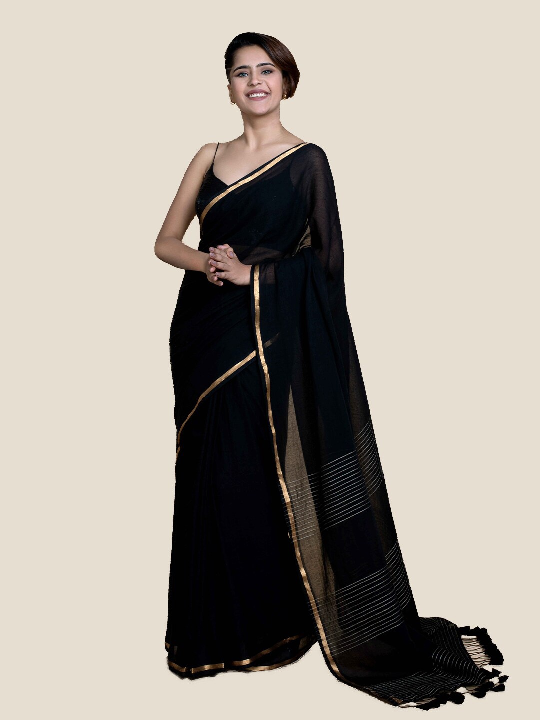 

Suta Black & Gold-Toned Zari Pure Cotton Saree