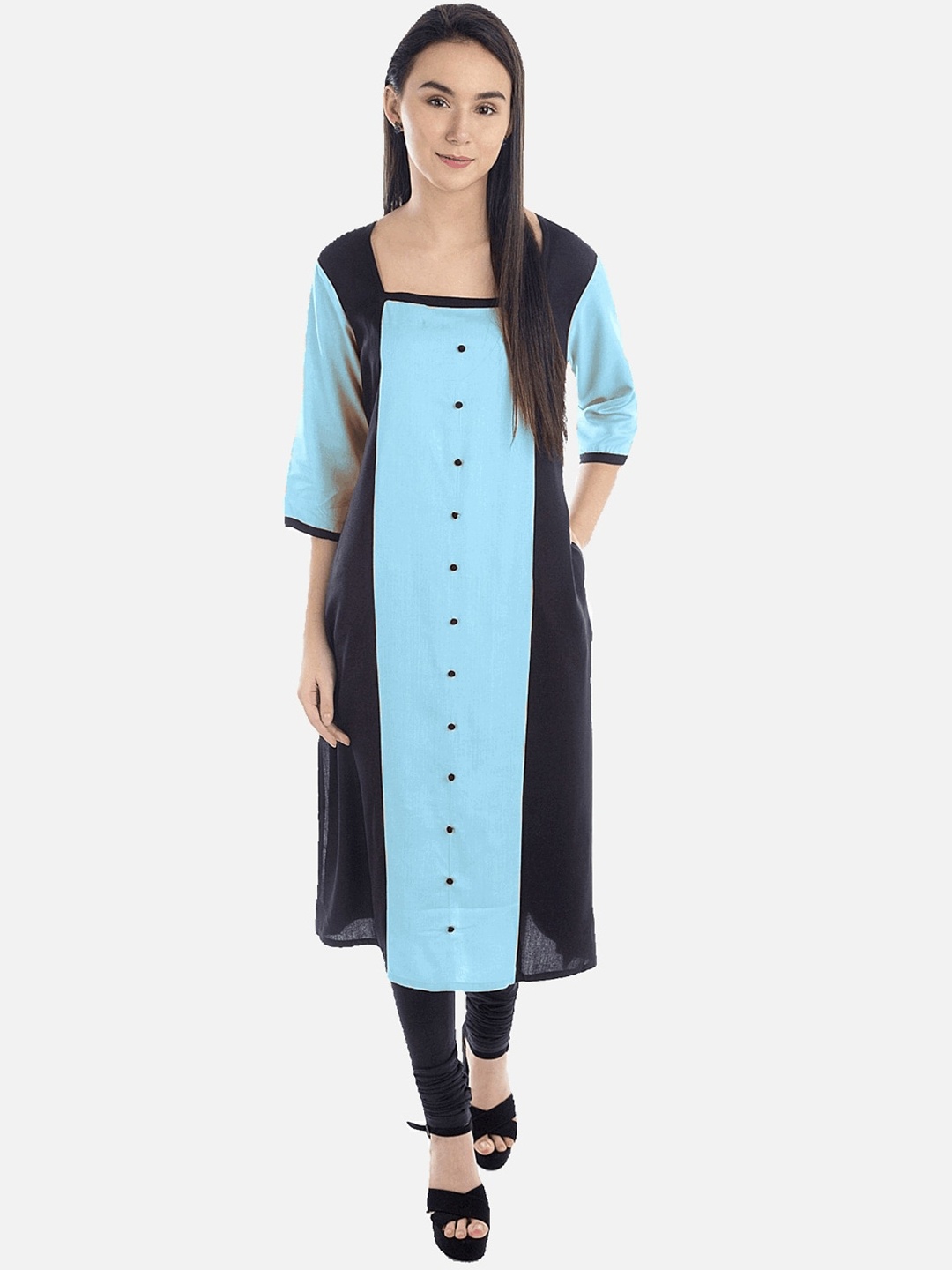 

KALINI Women Blue & Black Colourblocked Straight Kurta